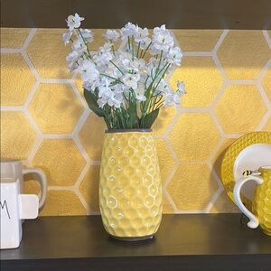 Yellow Textured Vase with White Flowers
